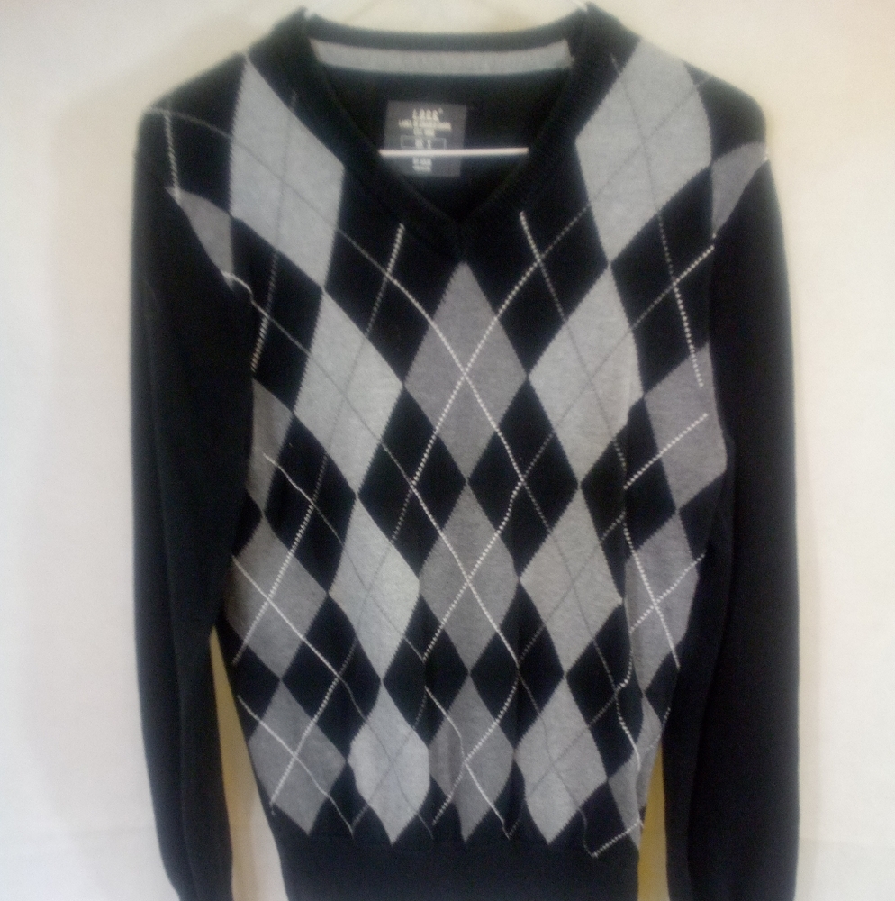 Men LOGG H&M Black Argyle L/S Pullover V Neck Lightweight Sweater